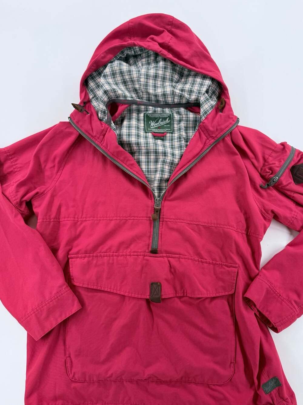 Woolrich Anorak Jacket Size L Red Plaid Lined Hooded Pullover